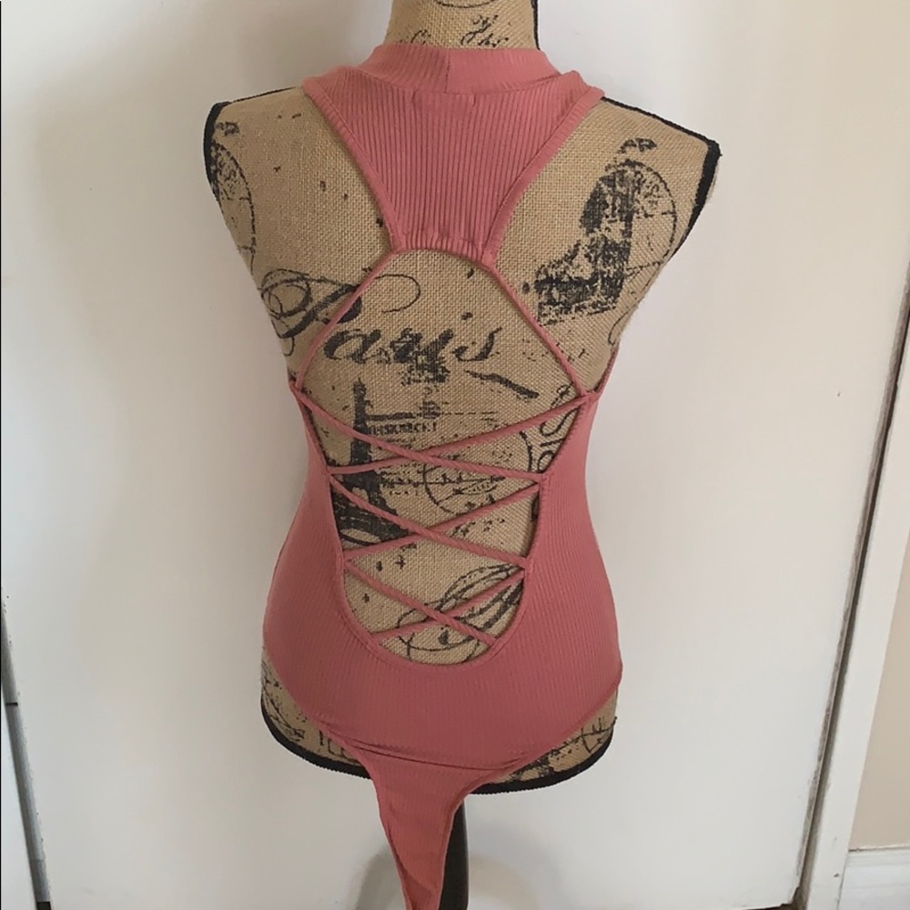Mauve Rib Strappy Back Thong Bodysuit